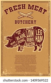 Fresh meat. Poster template with meat cut on grunge background. Vector illustration