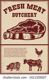 Fresh meat. Poster template with meat cut on grunge background. Vector illustration