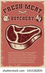 Fresh meat. Poster template with meat cut on grunge background. Vector illustration