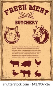 Fresh meat. Poster template with meat cut on grunge background. Vector illustration