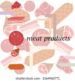 Fresh meat products. Bacon, steak, whole leg, sausage. Meat icons. Vector image.