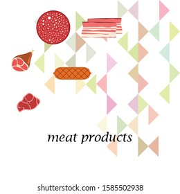 Fresh meat products. Bacon, steak, whole leg, sausage. Meat icons. Vector image.