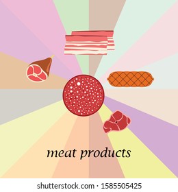 Fresh meat products. Bacon, steak, whole leg, sausage. Meat icons. Vector image.
