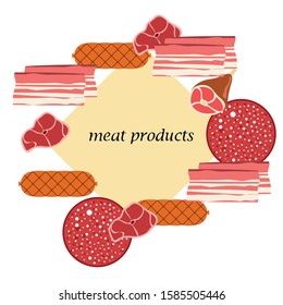 Fresh meat products. Bacon, steak, whole leg, sausage. Meat icons. Vector image.