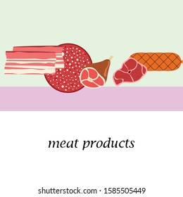 Fresh meat products. Bacon, steak, whole leg, sausage. Meat icons. Vector image.