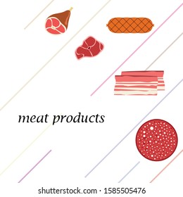 Fresh meat products. Bacon, steak, whole leg, sausage. Meat icons. Vector image.