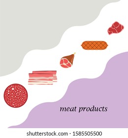Fresh meat products. Bacon, steak, whole leg, sausage. Meat icons. Vector image.
