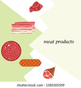 Fresh meat products. Bacon, steak, whole leg, sausage. Meat icons. Vector image.