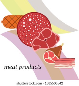 Fresh meat products. Bacon, steak, whole leg, sausage. Meat icons. Vector image.