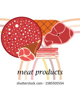 Fresh meat products. Bacon, steak, whole leg, sausage. Meat icons. Vector image.