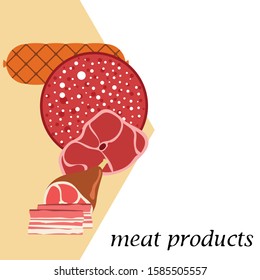 Fresh meat products. Bacon, steak, whole leg, sausage. Meat icons. Vector image.