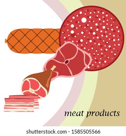 Fresh meat products. Bacon, steak, whole leg, sausage. Meat icons. Vector image.