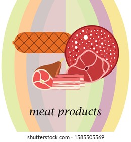 Fresh meat products. Bacon, steak, whole leg, sausage. Meat icons. Vector image.
