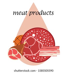 Fresh meat products. Bacon, steak, whole leg, sausage. Meat icons. Vector image.