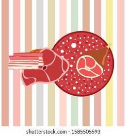 Fresh meat products. Bacon, steak, whole leg, sausage. Meat icons. Vector image.