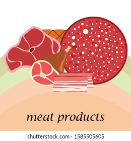 Fresh meat products. Bacon, steak, whole leg, sausage. Meat icons. Vector image.