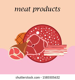 Fresh meat products. Bacon, steak, whole leg, sausage. Meat icons. Vector image.
