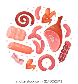 Fresh meat products in circular shape. Butcher shop, organic natural meal poster, card, background vector illustration