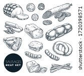 Fresh meat products collection, isolated on white background. Sketch vector illustration. Food isolated design elements. Pieces of salami, turkey ham, sausages, bacon and homemade meatloaf