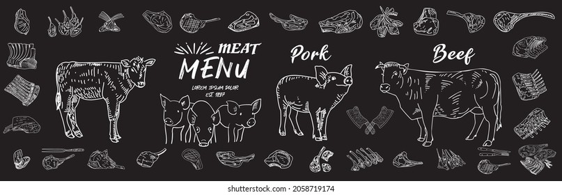 Fresh meat products collection. Sketch vector illustration. Hand drawn illustration. Pieces of meat design template. Design element for poster, menu, flyer, banner, menu, package.