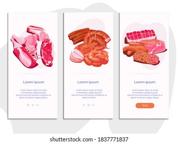 Fresh meat products onboarding screens set. Butchery shop, farm market or processing plant mobile app, landing page template design vector illustration