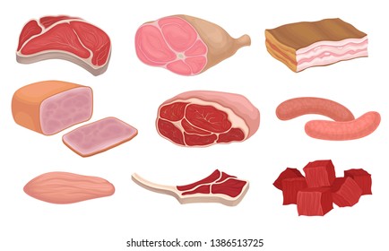 Fresh meat products and raw meat. Vector illustration.