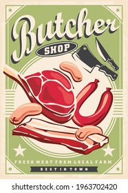 Fresh meat products retro poster for butchery shop. Pork meat, steaks sausages and bacon. Vintage food vector design.