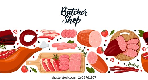 Fresh meat products seamless horizontal background. Vector flat cartoon illustration of salami, ham, pork leg, sausages. Food package, banner, poster design elements