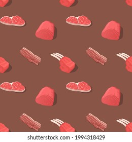 Fresh meat products seamless pattern for butcher shop, restaurant grill menu or background design with grilled beef steaks and fried chicken legs, bacon and prosciutto, loin chops and sirloin