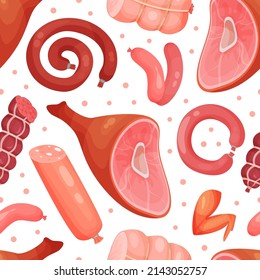 Fresh meat products seamless pattern. Background, wallpaper, cover, textile, packaging design for butcher shop, farm market