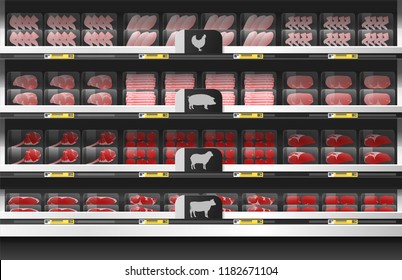 Fresh Meat For Sale Display On Shelf In Supermarket , Vector , Illustration