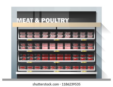 Fresh meat for sale display on shelf in supermarket , vector , illustration