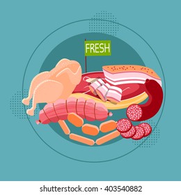 Fresh Meat Sausage Different Kind Goods Food Collection Flat Vector Illustration