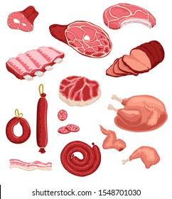 Fresh Meat And Sausage, Salami And Chicken, Raw Sliced Pork Tenderloin And Cooked Ham For Barbeque Meal And Gourmet Shopping Vector Illustration. Cartoon Meat Set.