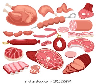 Fresh Meat And Sausage, Salami And Chicken, Kebab, Raw Sliced Pork Tenderloin And Cooked Ham For Barbeque Meal And Gourmet Shopping Vector Illustration. Cartoon Meat Set.