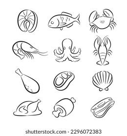 Fresh meat and seafood drawing set, black lines on a white background