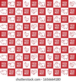 Fresh meat seamless pattern. Vector illustration of livestock line icons  isolated on white background.