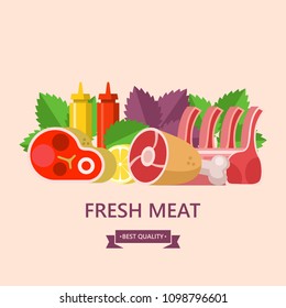 Fresh meat. Set of different types of meat. Big beef steak, pork ham, lamb, lemon, Basil leaves, ketchup and mustard. Vector illustration.