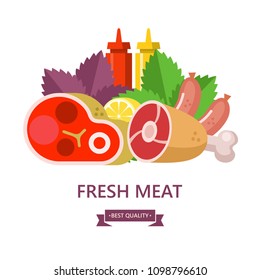 Fresh meat. Set of different types of meat. Big beef steak, pork ham, sausages, lemon, Basil leaves, ketchup and mustard. Vector illustration.