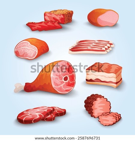Fresh Meat Set icon set of gastronomic delicatessen with carbonate sausage frankfurters Products