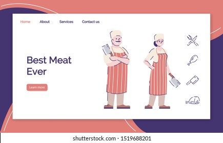 Fresh meat shop landing page vector template. Butchery website interface idea with flat illustrations. Butcher store homepage layout. Meat restaurant web banner, webpage cartoon concept