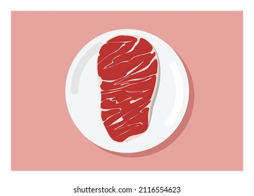 Fresh meat slice on a plate. Simple flat illustration.