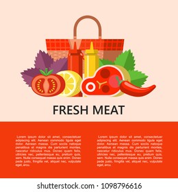 Fresh meat. Still life of appetizing steak, vegetables, Basil leaves, lemon, tomato and chili pepper on the background of a picnic basket. Vector illustration, set of BBQ.