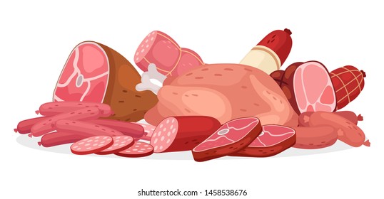 Fresh meat vector banner. Chicken, meat, sausages isolated on white background