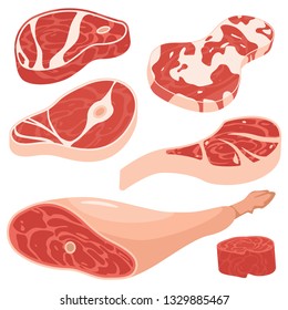 Fresh meat vector cartoon set. Portion of pork and beef steaks isolated on white background.