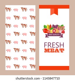 Fresh meat. Vector illustration. Environmentally friendly product. Agricultural products. Set of different meat products.
