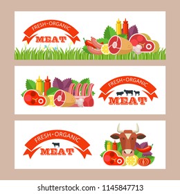 Fresh meat. Vector illustration. Environmentally friendly product. Agricultural products. Set of different meat products.