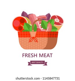 Fresh meat. Vector illustration. Environmentally friendly product. Agricultural products. A set of different meat products in a wicker basket.