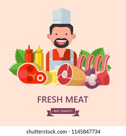 Fresh meat. Vector illustration. Environmentally friendly product. Agricultural products. Set of different meat products and butcher.
