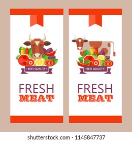 Fresh meat. Vector illustration. Environmentally friendly product. Agricultural products. A set of different meat products and a cute cow.